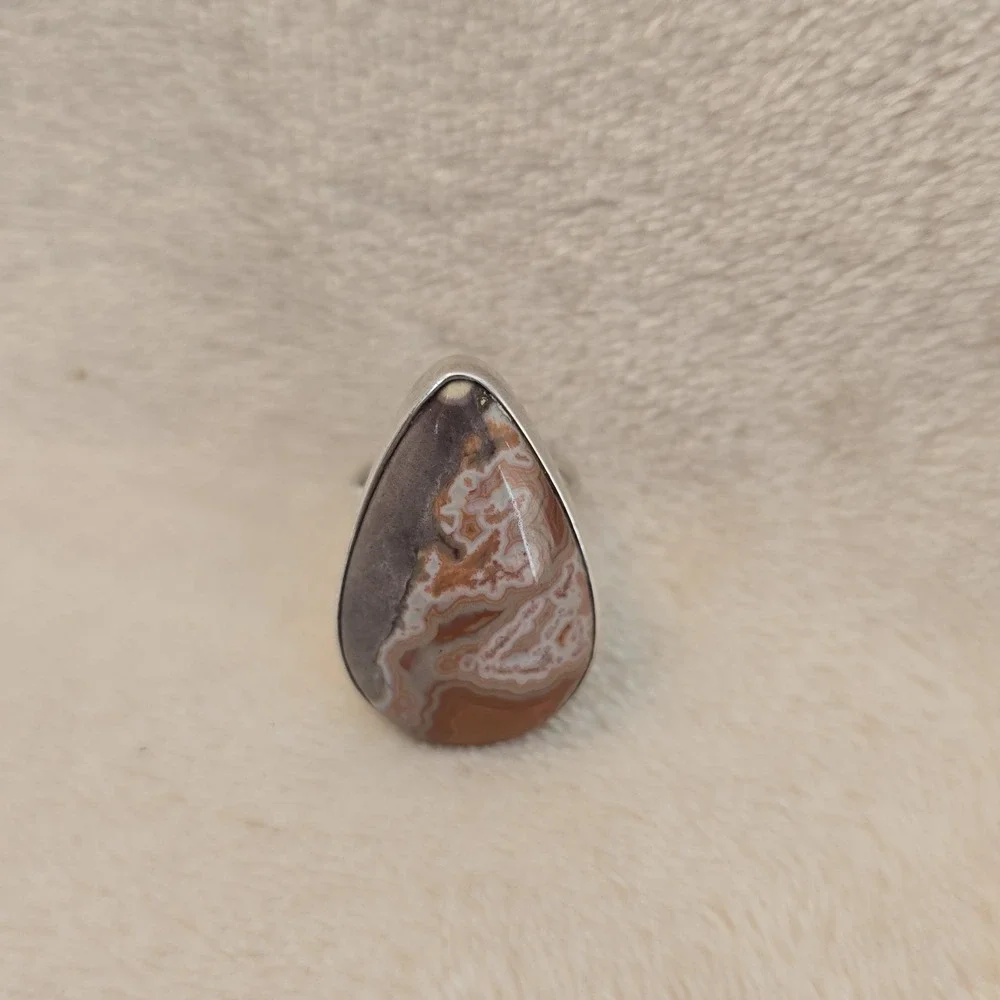 Sterling Silver Ring Tear-drop Shaped Crazy Lace Agate Stone Earthy Boho-chic